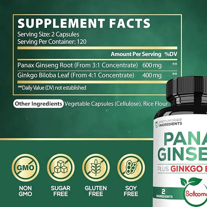 600mg Korean Red Panax Ginseng Capsules 400mg - 240 Vegan 120 Servings