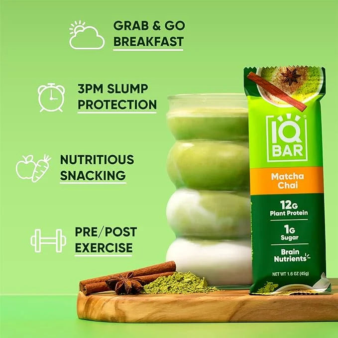 IQBAR Brain and Body Plant Protein Bars - Matcha Chai - 36-Count Low Carb - Gluten Free, High Fiber, Vegan Snacks - Low Su...