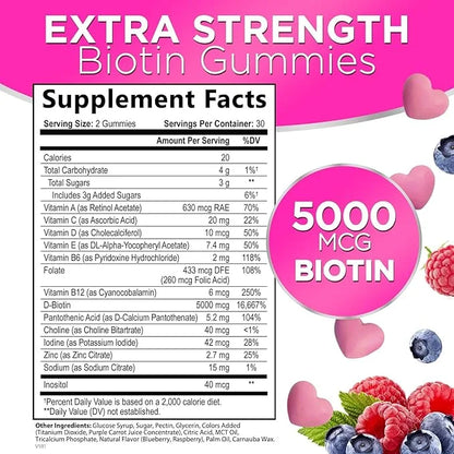 Hair Vitamins Gummy with Biotin 5000 60 Gummies