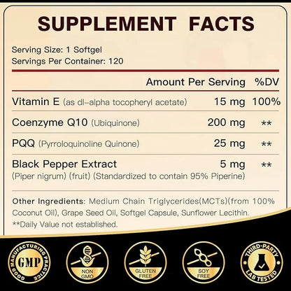 Coq10 200mg Upgraded, 6X High Absorption 10 Supplement Q10, 120 120 Servings