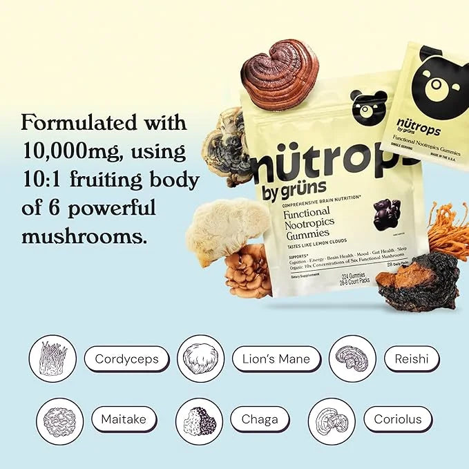 Nutrops Sugar-Free Functional Nootropics Mushroom Gummies for adult, Herbal Brain Supplement Gummy for Energy, Brain Healt...