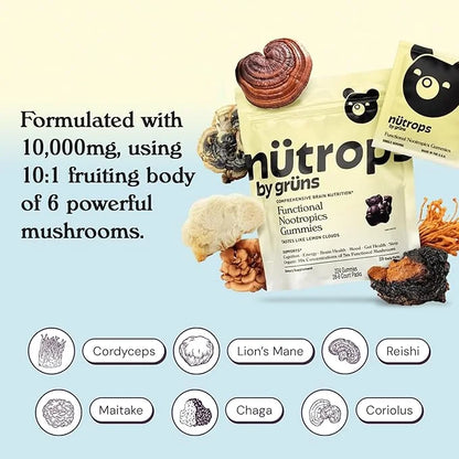 Nutrops Sugar-Free Functional Nootropics Mushroom Gummies for adult, Herbal Brain Supplement Gummy for Energy, Brain Healt...