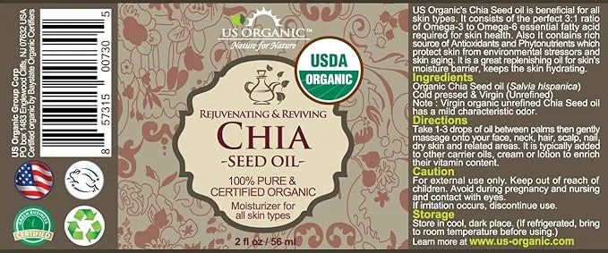 US Organic Chia Seed Oil, Certified Organic, Pure & Natural, Cold Pressed Virgin, Unrefined, Sourced from Paraguay, in Amb...