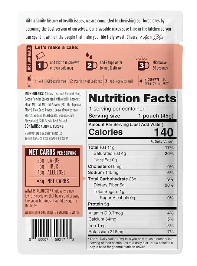 Sweet Logic Keto Mug Cake Mix - Fudge Brownie - Just Add Water - Vegan - Low Sugar - Gluten-Free - High Protein - Low Carb...