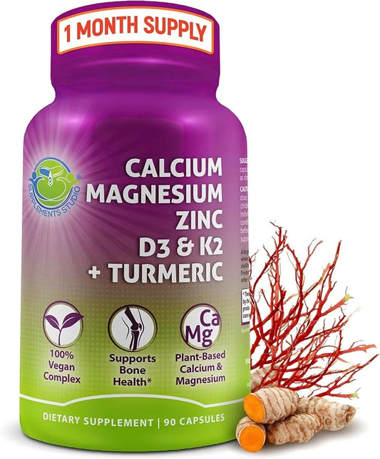 Plant-Based Calcium 500mg (Aquamin) – Vegan Calcium Magnesium Zinc D3 with Vitamin K2 & Organic Turmeric – Enhanced Bone a...
