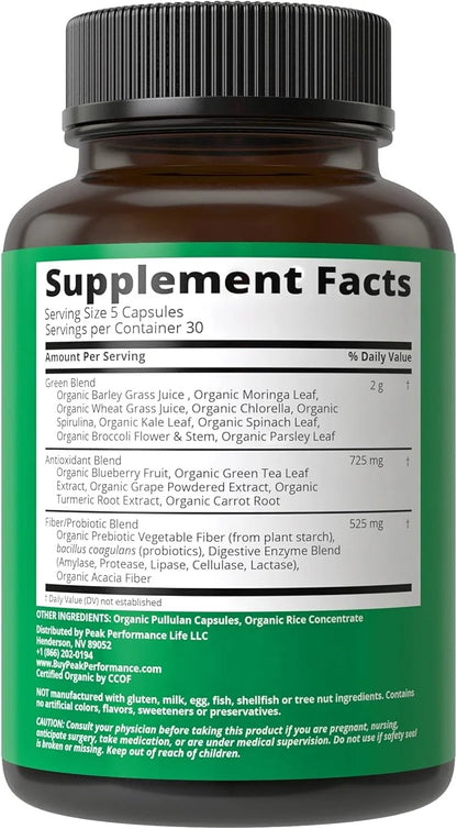 Organic Super Greens 150 Capsules - Green Juice Superfood Supplement with 25 All Natural Organic Ingredients. Max Energy a...