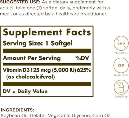 SOLGAR Vitamin D3 (Cholecalciferol) 10 MCG (400 IU) 100 Softgels, 2 - 200 Total
