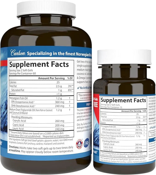 Carlson - MCT & Omega-3, Coconut Oil, Caprylic & Capric Acids, EPA & DHA, Energy Production, Fat Metabolism & Brain Health...