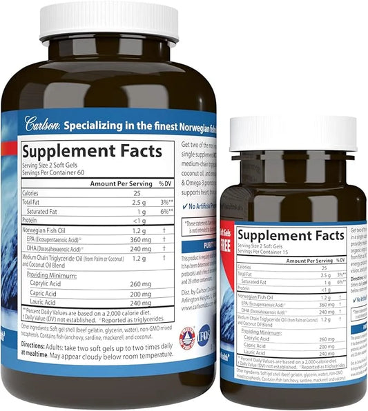 Carlson - MCT & Omega-3, Coconut Oil, Caprylic & Capric Acids, EPA & DHA, Energy Production, Fat Metabolism & Brain Health...