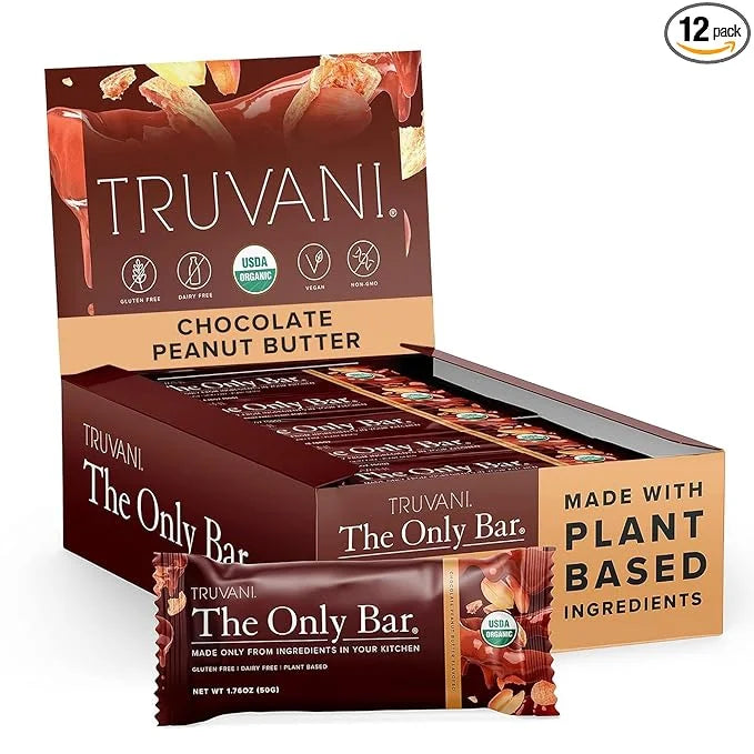 Truvani Plant Based Snack Bars | Chocolate Peanut Butter 12 Pack | 7g Protein | USDA Organic and Vegan | The Only Bar | Da...