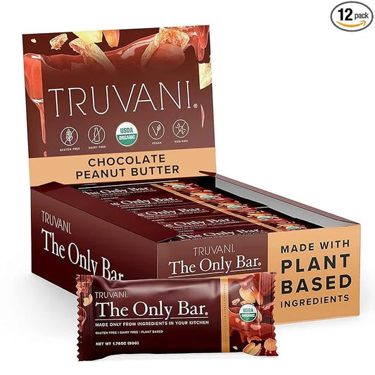 Truvani Plant Based Snack Bars | Chocolate Peanut Butter 12 Pack | 7g Protein | USDA Organic and Vegan | The Only Bar | Da...