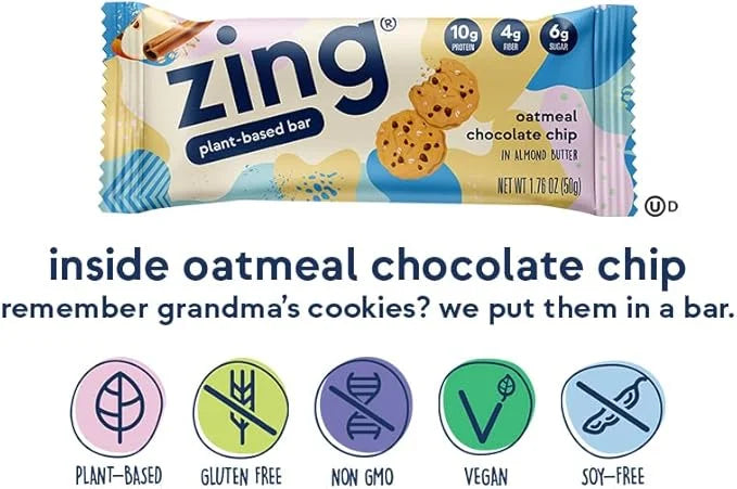 Zing Oatmeal Chocolate Chip Vegan Protein Bars, Gluten Free with High Protein, High Fiber, Dairy Free Nutrition Bars, Plan...