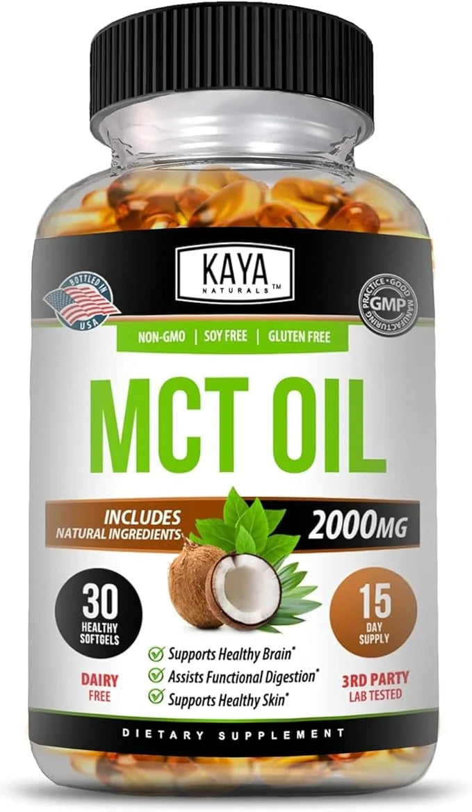 Kaya Naturals MCT Oil 2000mg - Non-GMO, Soy-Free, Gluten-Free - Brain, Digestive & Skin Health - 30 Softgels - Product Image