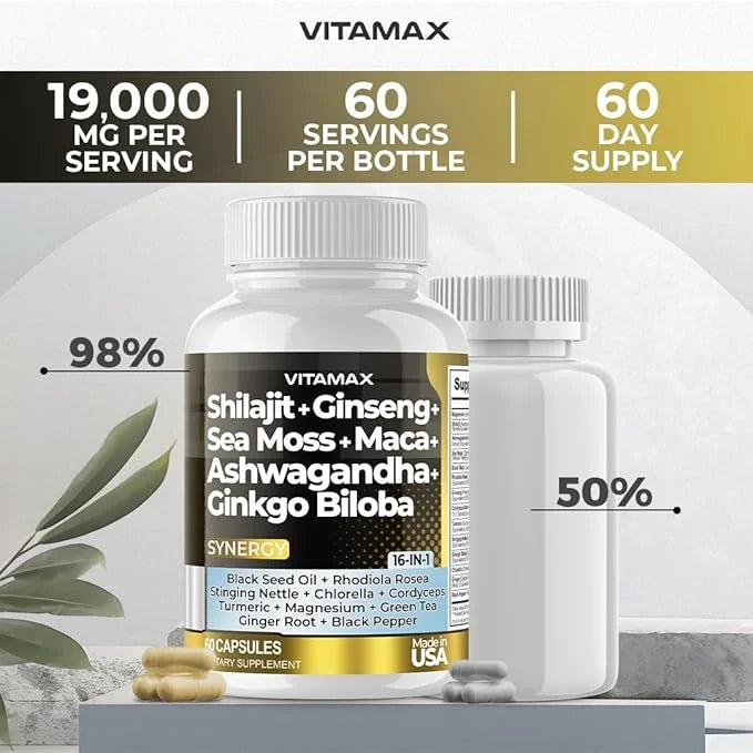 Pure Himalayan Shilajit Supplement 10,000mg Ashwagandha 6,000mg Sea 2,000mg Rhodiola 1000MG Gingko 500mg Trace (60 Count 2)