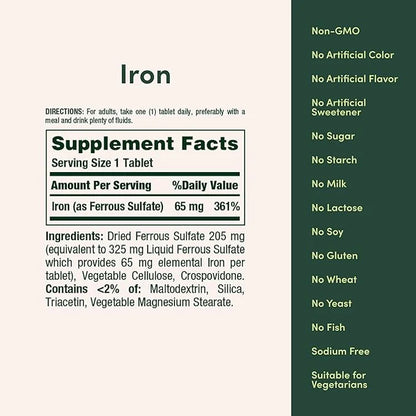 Nature's Bounty Iron 65mg, 325 mg Ferrous Sulfate, Cellular Energy Support, Promotes Normal Red Blood Cell Production, 100...