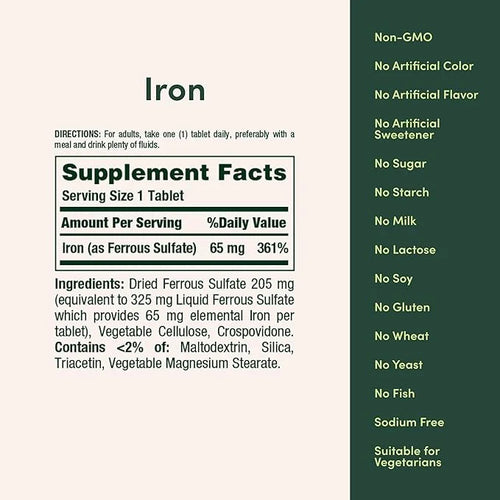 Nature's Bounty Iron 65mg, 325 mg Ferrous Sulfate, Cellular Energy Support, Promotes Normal Red Blood Cell Production, 100...
