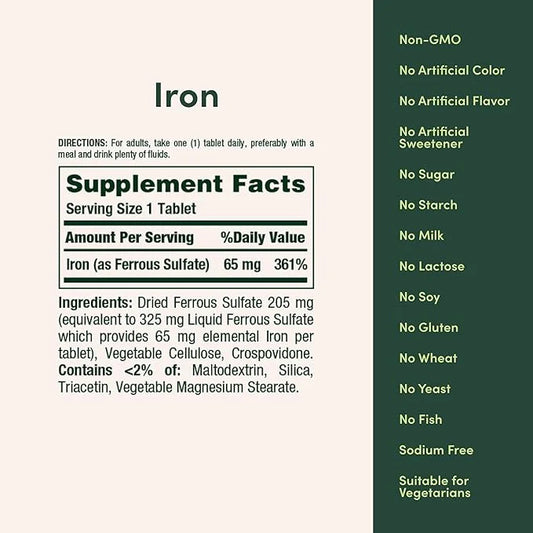 Nature's Bounty Iron 65mg, 325 mg Ferrous Sulfate, Cellular Energy Support, Promotes Normal Red Blood Cell Production, 100...