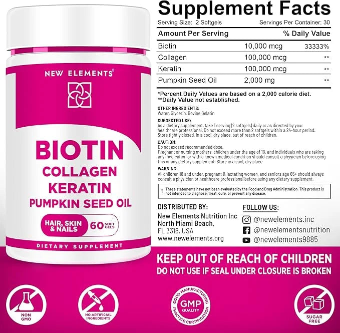 Biotin Supplement 10000mcg with Collagen Peptides Keratin and Pumpkin Seed Oil for Hair Skin and Nails | Hair Growth Suppl...