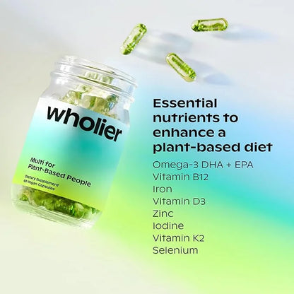 wholier Plant Based Multivitamin Vegan Omega-3 B12, Zinc, K2, Iron, 60 Count (30-Day Supply)