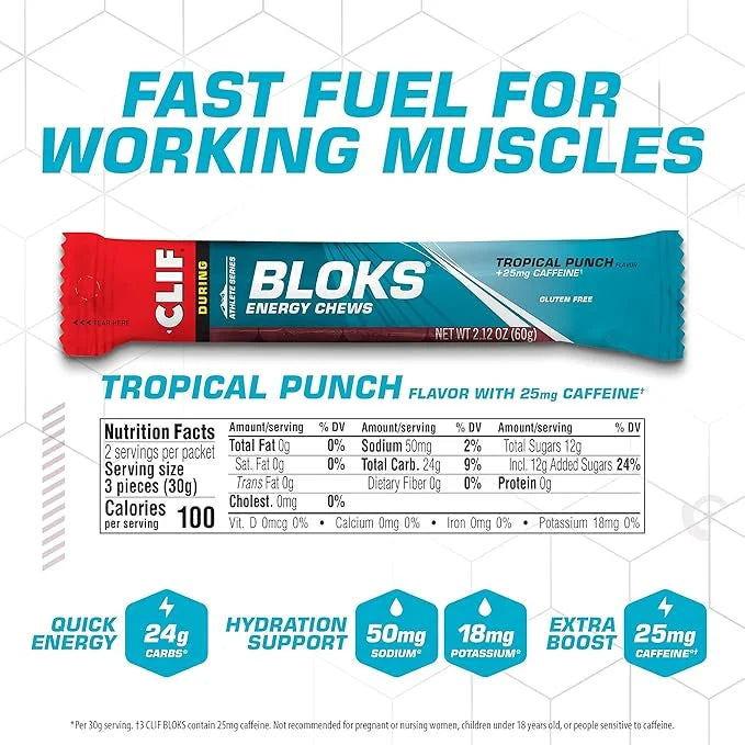 CLIF BLOKS - Tropical Punch Flavor with Caffeine - Energy Chews - Non-GMO - Plant Based - Fast Fuel for Cycling and Runnin...