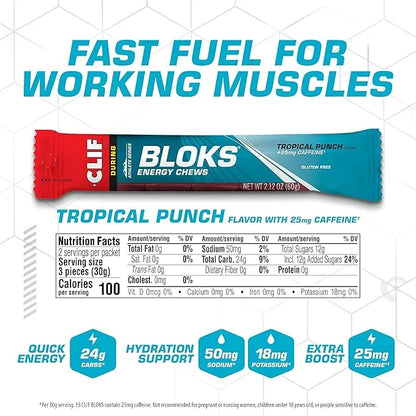 CLIF BLOKS - Tropical Punch Flavor with Caffeine - Energy Chews - Non-GMO - Plant Based - Fast Fuel for Cycling and Runnin...