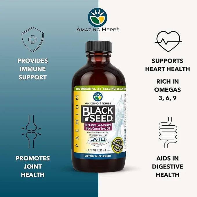 Amazing Herbs Premium Black Seed Oil - Cold Pressed Nigella Sativa Aids in Digestive Health, Immune Support, Brain Functio...