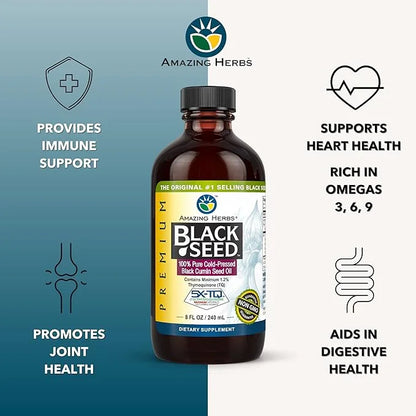 Amazing Herbs Premium Black Seed Oil - Cold Pressed Nigella Sativa Aids in Digestive Health, Immune Support, Brain Functio...