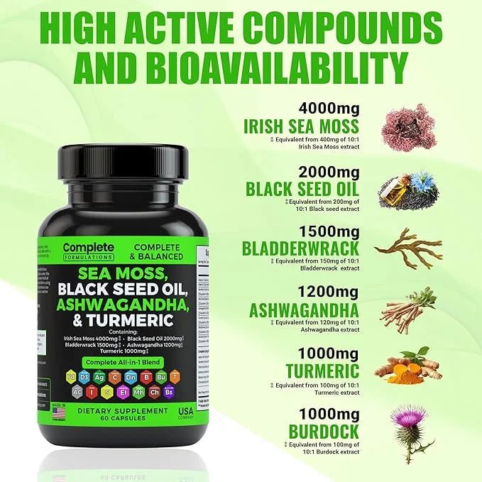 4000mg Sea Moss Supplement Blend 2000mg Ashwagandha 1200mg Turmeric 1000mg Bladderwrack 1500mg, Burdock 1000mg & D3 with