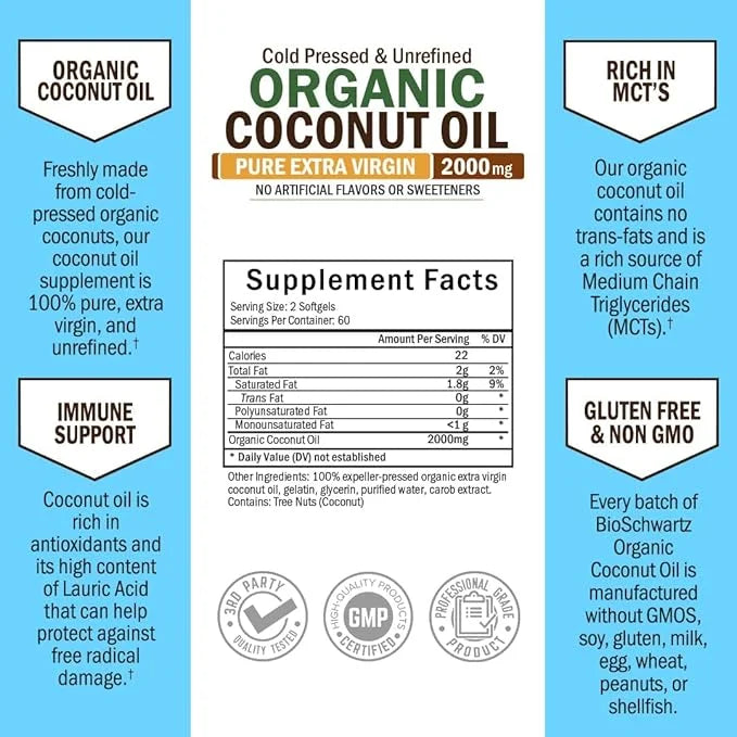 Coconut Oil Capsules 2000mg - Organic Pure Extra Virgin Unrefined Cold Pressed MCT Rich & Non-GMO for Healthy Skin Nails H...