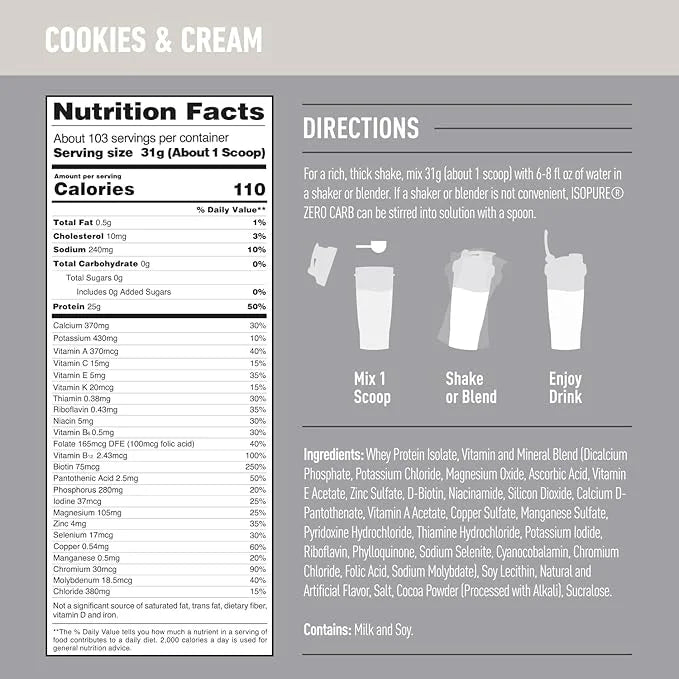 Isopure Zero Carb 100% Pure Whey Isolate Protein Powder, Lactose Free, Gluten Free, With Vitamins, Cookies & Cream, 25g Pr...