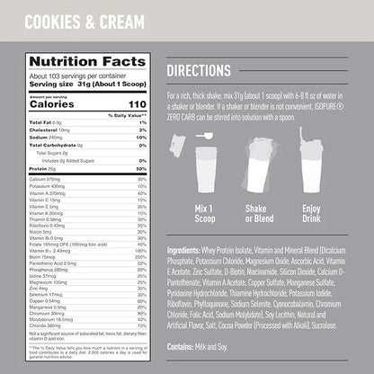 Isopure Zero Carb 100% Pure Whey Isolate Protein Powder, Lactose Free, Gluten Free, With Vitamins, Cookies & Cream, 25g Pr...