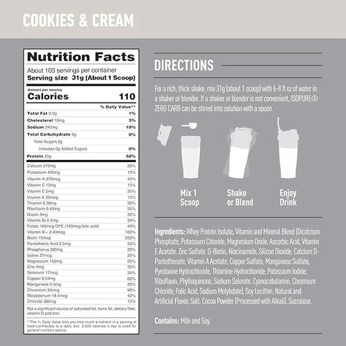 Isopure Zero Carb 100% Pure Whey Isolate Protein Powder, Lactose Free, Gluten Free, With Vitamins, Cookies & Cream, 25g Pr...