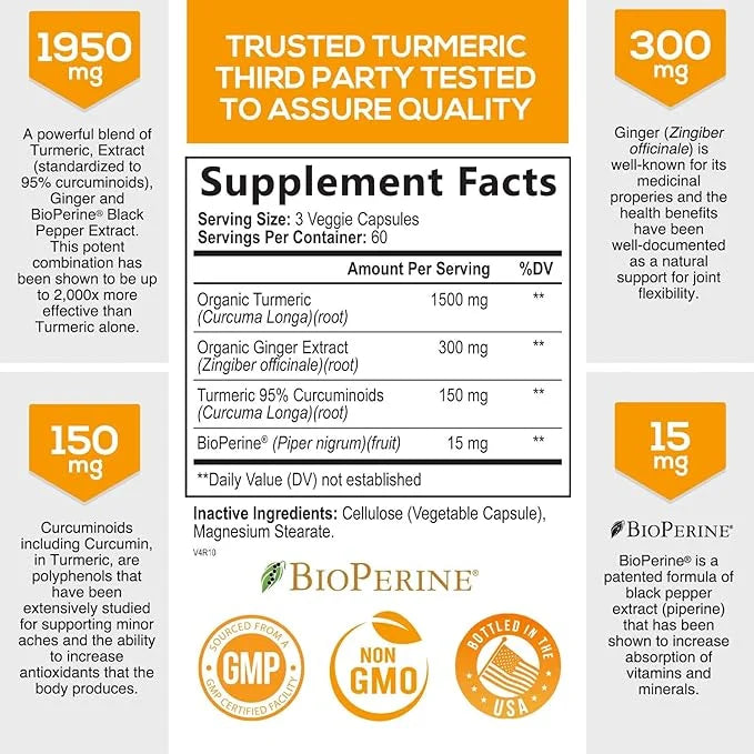 Turmeric Curcumin with BioPerine & Ginger 95% Curcuminoids 1950mg - 180 Capsules