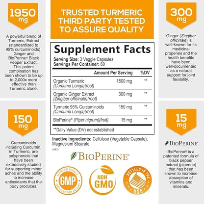 Turmeric Curcumin with BioPerine & Ginger 95% Curcuminoids 1950mg - 180 Capsules