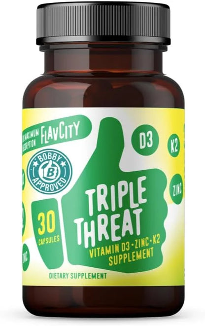 FlavCity Vitamin D Supplement, Triple Threat 3-in-1 Dietary D3, Zinc K2 for 30 Capsules