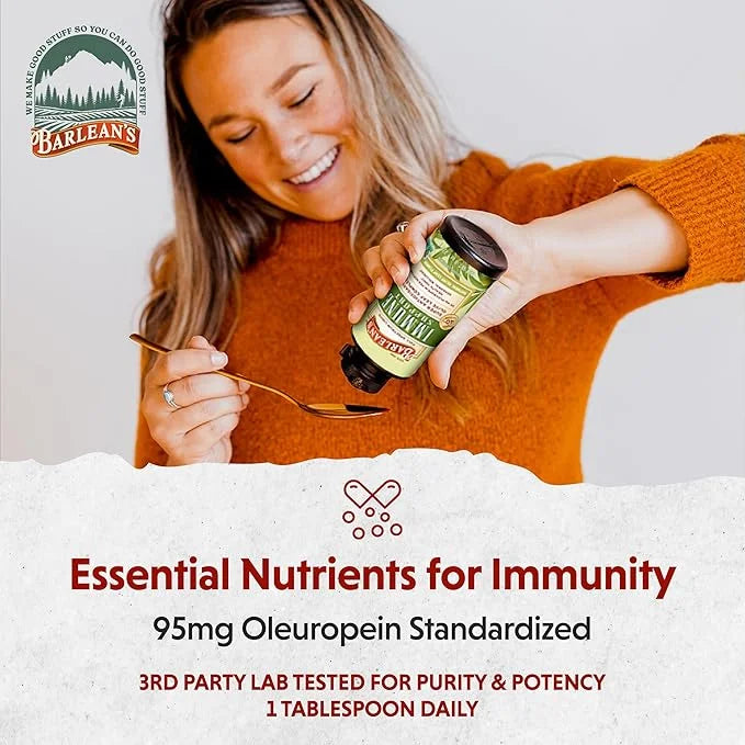 Barlean's Olive Leaf Complex Liquid Immune Support Supplement with 95mg Oleuropein Antioxidants for Seasonal Wellness, Hea...