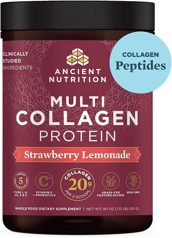 Ancient Nutrition Collagen Powder Protein, Multi Collagen Protein Powder, Strawberry Lemonade, 45 Servings, w/Vitamin C, H...