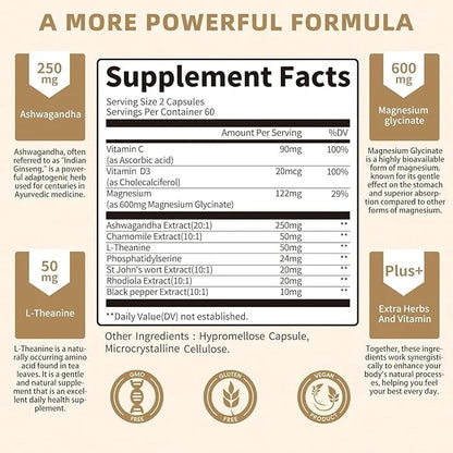 10-in-1 Cortisol Supplements with Magnesium, Ashwagandha, Chamomile, L-Theanine, Phosphatidylserine, St. John's Wort, Rhod...
