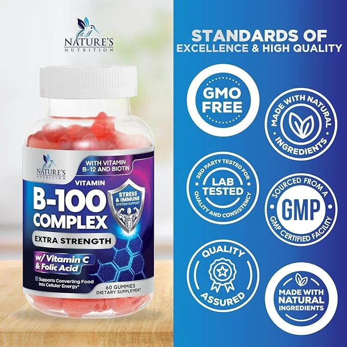 Super B Complex Gummies with Vitamin B6, Folic B12, Biotin, 60 Gummies