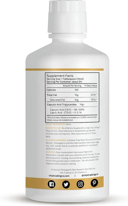 VTC VitaTradingCo. 100% Pure C8 MCT Oil | 3X Distilled Caprylic Acid | Healthy Fat for Clean Energy | Sustainably Sourced ...