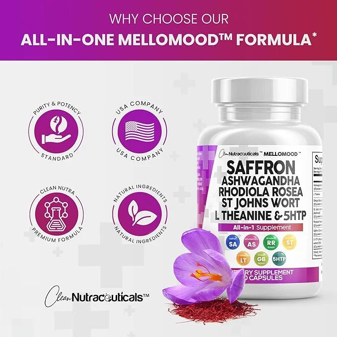 Clean Saffron Supplements with Ashwagandha 8000mg 200mg, Ginkgo 6000mg, St. 6000mg, Rhodiola 3000mg & 5-HTP 500mg 500mg -