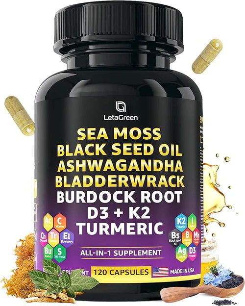 Sea Moss 3000mg Black Seed Oil 2000mg Ashwagandha 1000mg Bladderwrack 1000mg Burdock 1000mg Turmeric 1000mg & D3, K2 K2 wi...