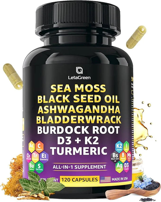 Sea Moss 3000mg Black Seed Oil 2000mg Ashwagandha 1000mg Bladderwrack 1000mg Burdock 1000mg Turmeric 1000mg & D3, K2 K2 wi...