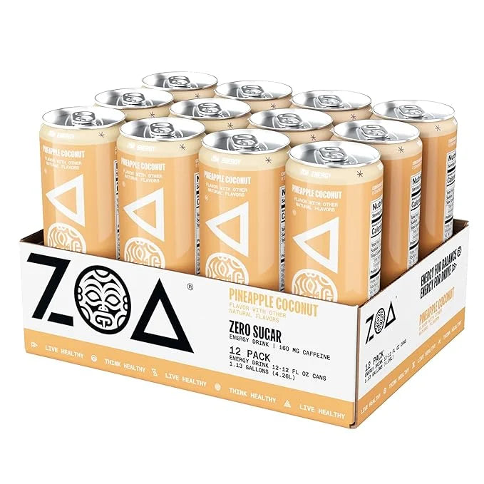 ZOA Zero Sugar Energy Drinks, Pineapple Coconut - Sugar Free with Electrolytes, Healthy Vitamin C, Amino Acids, Essential ...
