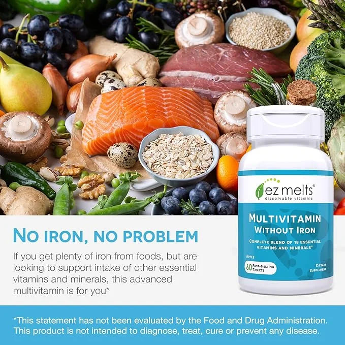 EZ Melts Dissolvable Multivitamin without Iron, 18 Vitamins B12, Vitamin D3, Zinc 1-Month Supply