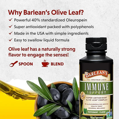 Barlean's Peppermint Olive Leaf Complex Liquid Immune Support Supplement with 95mg Oleuropein Antioxidants, 8 Ounce - Prod...