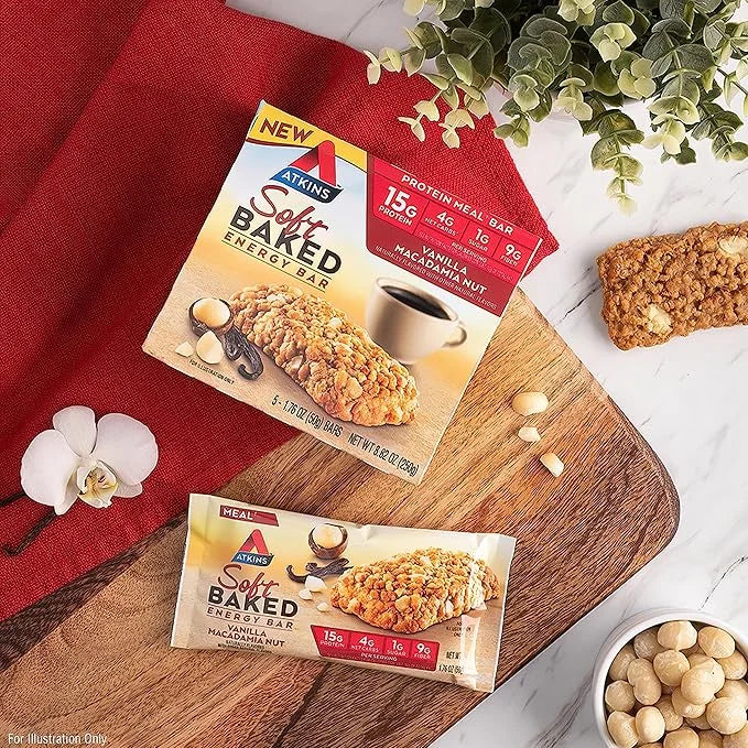 Atkins Soft Baked Energy Bars, Vanilla Macadamia Nut, 15g Protein, 1g Sugar, Excellent Source of Fiber, Low Carb, 4 Packs ...