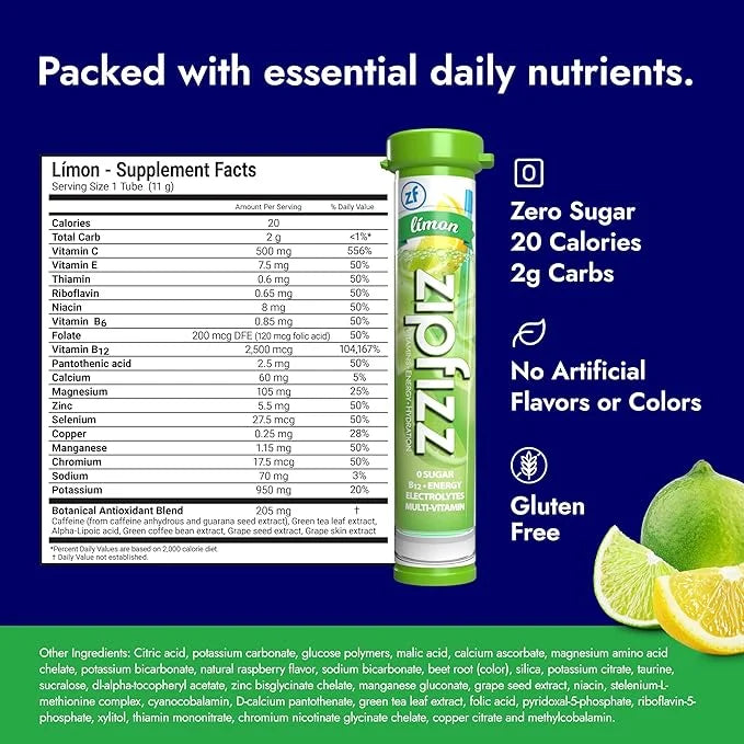 Zipfizz Daily Energy Drink Powder, Limon, 20 Pack | 3-in-1 Sustained Energy, Rapid Hydration, and Essential Vitamins | Sug...