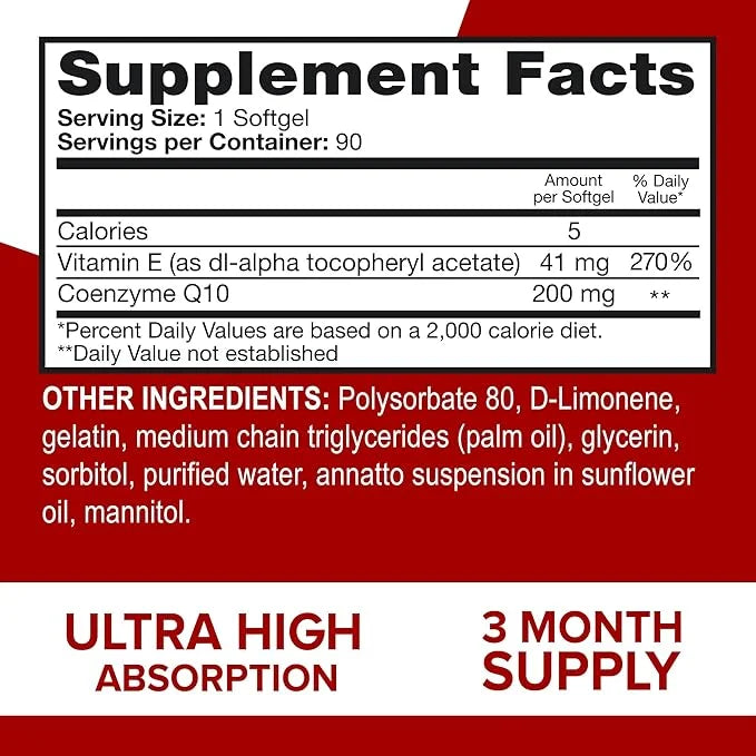 Qunol CoQ10 200mg Softgels, Ultra CoQ10 Q10 Supplements 90 Count