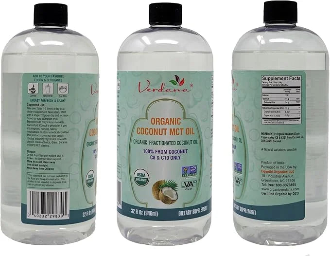 Verdana USDA Certified Organic Coconut MCT Oil –Fractionated Coconut Oil – No Palm Kernel Used – Kosher, Food Grade, Non-G...